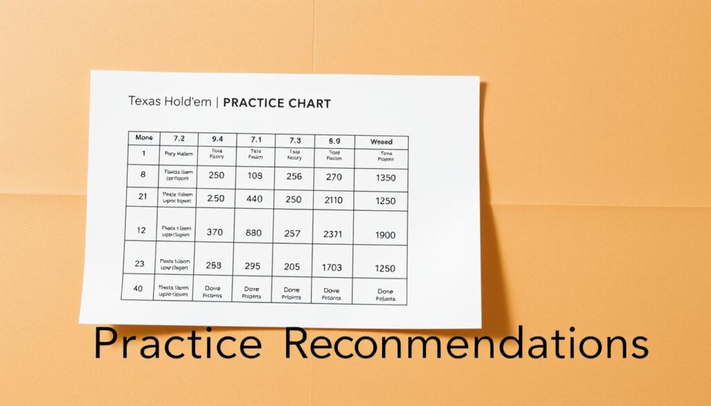 A clean, minimalist depiction of a Texas Hold'em practice chart on a textured, warm-toned paper backdrop. The chart features a grid layout with clear, legible icons and numerical data, presented in a clean, modern typeface. The chart is positioned at a slight angle, casting a soft, natural shadow. Soft, diffused lighting illuminates the scene, creating a soothing, inviting atmosphere. The overall composition emphasizes the clarity and utility of the practice chart, reflecting the "Practice Recommendations" section of the article.