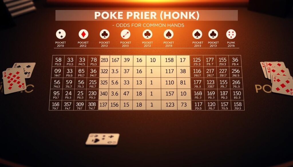 A detailed diagram of poker hand rankings and pocket pair probabilities, rendered with a technical, analytical aesthetic. In the foreground, a central grid displays the relative frequencies of each pair combination, rendered in a clean, data-visualization style. The middle ground features illustrative icons of playing cards, strategically arranged to represent the probability distributions. The background subtly evokes the felt texture of a poker table, bathed in warm, focused lighting that emphasizes the precision and calculation of the subject matter. The overall tone is informative and insightful, providing a visual aid to the "Odds for Common Hands" section of the article.