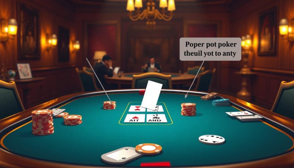A detailed illustration of poker pots, showcasing the placement and purpose of antes and blinds. The foreground features a classic poker table with chips, cards, and other gaming accessories, capturing the essence of a high-stakes game. The middle ground focuses on the pot in the center, with a clear depiction of the antes and blinds, visually explaining their function in the game. The background subtly hints at the excitement and tension of the poker environment, with a dimly lit room and the faint silhouettes of players. The lighting is warm and inviting, creating a sense of atmosphere and anticipation. The overall composition is well-balanced, with a clean and professional aesthetic suitable for an informative article on the subject.