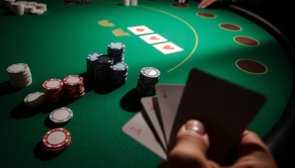 A dimly lit casino table with a green felt surface, its edges marked by the distinctive semicircular betting spots. Stacks of poker chips in various denominations - crisp white, vibrant red, and shimmering blue - sit neatly arranged, their shadows casting intricate patterns across the table. In the foreground, a player's hand holds a pair of cards, partially obscured, hinting at the high-stakes decision to be made. The scene is captured with a shallow depth of field, creating a sense of focus and intensity, as if the viewer is an unseen participant in the game.