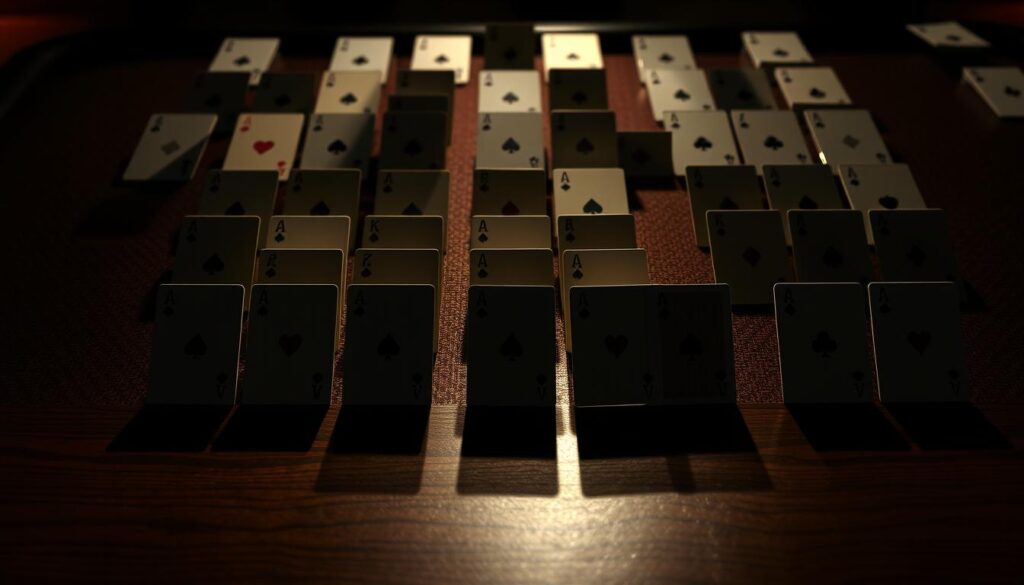 A dimly lit, high-contrast table showcases a matrix of Texas Hold'em hands, each neatly arranged with cards facing upwards. The cards are photorealistic, with subtle variations in texture and shading. The table is made of polished wood, casting soft reflections. Dramatic lighting casts long shadows, creating a moody atmosphere. The background is subtly blurred, keeping the focus on the cards and table. The camera angle is slightly elevated, giving a clear view of the hand arrangements. This image conveys the essence of Texas Hold'em gameplay, providing a visually compelling example for the "Example Hands (with Illustrations)" section.