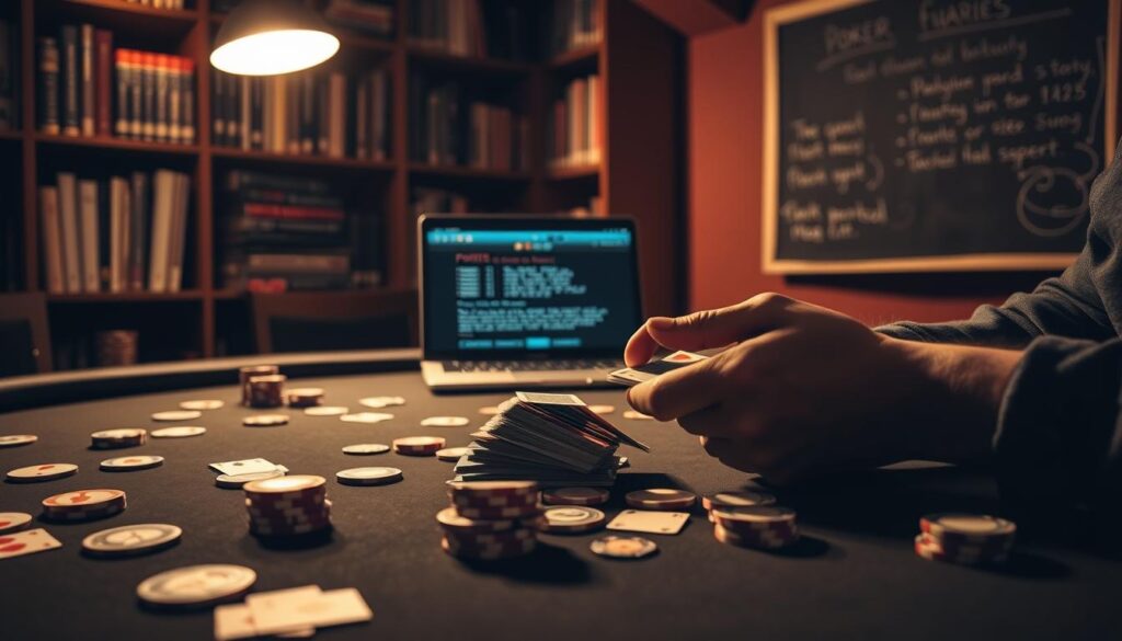 A dimly lit poker table, felt-topped, surrounded by scattered playing cards and poker chips. In the foreground, a pair of hands shuffling a deck, fingers deftly manipulating the cards. The middle ground features a laptop open, displaying a poker strategy tutorial, its screen casting a soft glow. In the background, shelves of poker books and a chalkboard with scribbled notes on poker fundamentals. The scene is bathed in a warm, focused lighting, creating a contemplative, study-like atmosphere, perfect for a beginner's poker strategy practice session.