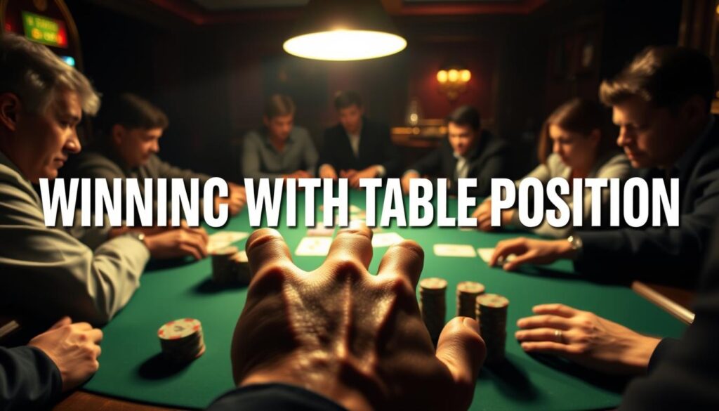A dimly lit poker table in a high-stakes casino, the green felt surface casting a warm glow. Players sit in concentration, their expressions intense as they study their cards and the positions of their opponents. The dealer's hands move swiftly, dealing the flop, turn, and river with practiced precision. In the foreground, a player's hand hovers over the chips, contemplating their next strategic move, mindful of the table dynamics and the subtle tells of their rivals. Overhead, a single spotlight illuminates the scene, casting dramatic shadows and highlighting the players' focus. The atmosphere is one of tension and strategic decision-making, capturing the essence of "Winning With Table Position" in a classic poker game.