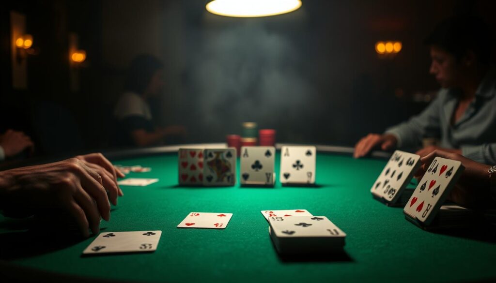 A dimly lit poker table, its green felt surface illuminated by a soft, warm overhead light. In the foreground, cards are carefully positioned to illustrate the key positions - the button, the blinds, the early, middle and late positions. The cards are meticulously arranged, conveying the strategic importance of each seat at the table. The background is hazy, with the faint outlines of players and a sense of tension and concentration in the air. The image exudes an atmosphere of careful contemplation, highlighting the nuances of pot management strategy in the game of poker.