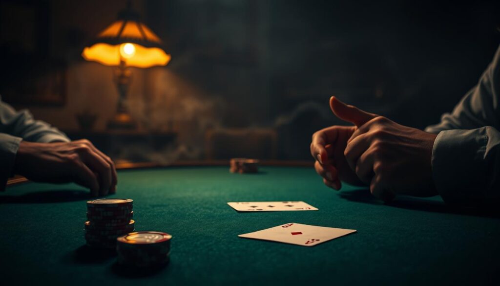 A dimly lit poker table, its green felt surface illuminated by the warm glow of a single, antique lamp. In the foreground, a stack of poker chips and a pair of cards, the iconic "hole cards" of Texas Hold'em, lie in wait. The middle ground features the players' hands, fingers poised over the cards, their expressions focused and intense, as they contemplate their next move. In the background, the room is shrouded in a veil of smoke and shadows, creating a moody, atmospheric setting that evokes the classic ambiance of a seasoned poker den. The lighting is soft and cinematic, casting subtle highlights and shadows that accentuate the tension and concentration of the scene.