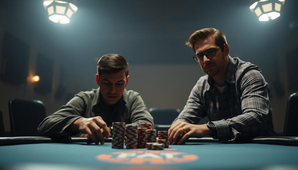 A dimly lit poker table, two players engaged in a high-stakes game. One sits in the foreground, brow furrowed in concentration, chips stacked neatly before them. The other player, in the middle ground, leans back casually, studying their opponent's movements. In the background, the room is hazy, illuminated by the soft glow of overhead lamps, creating an atmosphere of intensity and strategic maneuvering. The players' body language and facial expressions convey the nuanced decision-making required in short-handed and full-table poker, where position is paramount. The scene is captured with a cinematic, low-angle lens, heightening the sense of drama and the weight of the players' decisions.