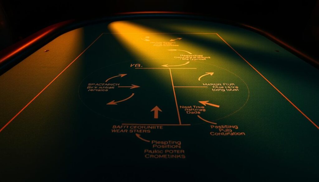 A dimly lit poker table with a strategic diagram overlaying the green felt. The diagram features arrows, annotations, and key concepts about poker position strategy. The table is illuminated by warm, focused lighting, casting shadows that add depth and drama. The perspective is slightly elevated, giving a sense of authority and expertise. The overall mood is contemplative, hinting at the intellectual challenge of mastering poker positioning. The image conveys the idea of using strategic analysis to navigate the complexities of poker betting structures.