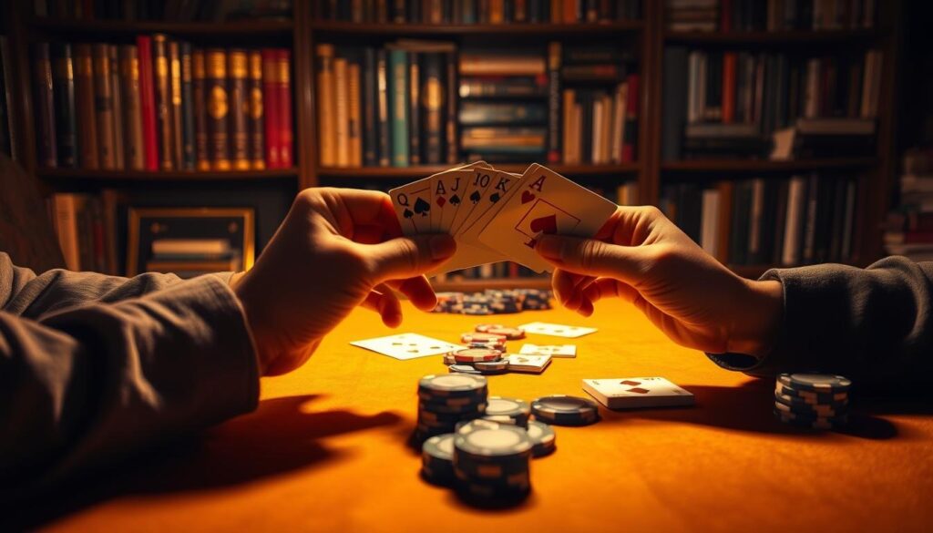 A dimly lit poker table, with cards, chips, and a pair of hands holding a hand of cards. In the background, a bookshelf filled with classic poker strategy books. The table is illuminated by a warm, golden light, creating a cozy, intimate atmosphere. The hands hold the cards confidently, but there is a sense of uncertainty and hesitation, hinting at the potential for beginner's mistakes. The overall scene conveys the idea of a novice poker player learning the ropes, surrounded by the tools and resources to improve their game.