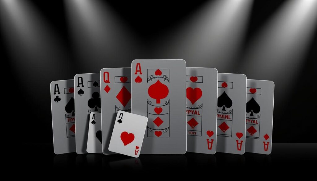 A high-contrast, ultra-detailed illustration of poker hand rankings, showcasing the hierarchy of hands from High Card to Royal Flush. The foreground features large, clearly defined poker cards representing the different hand types, arranged in a visually striking formation. The middle ground depicts intricate suit symbols and rank markings, emphasizing the technicality of the subject matter. The background is a sleek, monochromatic gradient, allowing the vibrant poker elements to take center stage. Dramatic lighting casts dramatic shadows, heightening the sense of depth and dimensionality. The overall mood is one of precision, authority, and the strategic elegance of the game of poker.