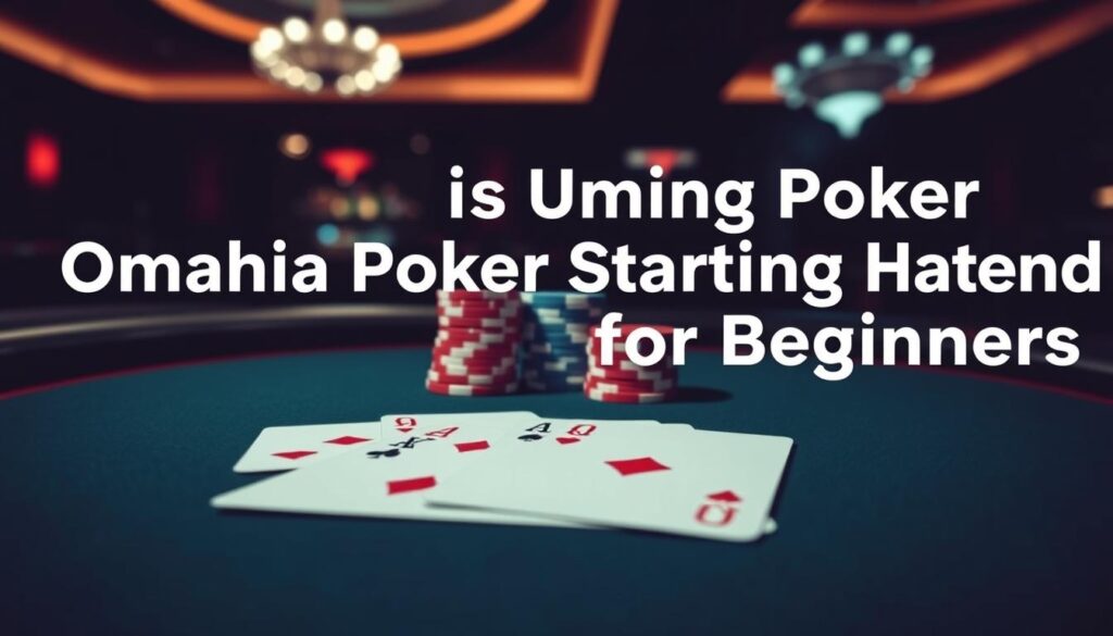 A high-contrast, wide-angle view of a poker table featuring four Omaha starting hands. The cards are strategically arranged in the foreground, with a soft focus on the suits and ranks. The middle ground showcases a stack of poker chips in shades of red, white, and blue, conveying the competitive spirit of the game. The background is dimly lit, creating a moody, casino-like atmosphere with subtle lighting and a hint of movement, suggesting the intensity of the gameplay. The overall composition emphasizes the importance of understanding Omaha poker starting hand strategy for beginners, with a sense of focus, strategy, and the thrill of the game.