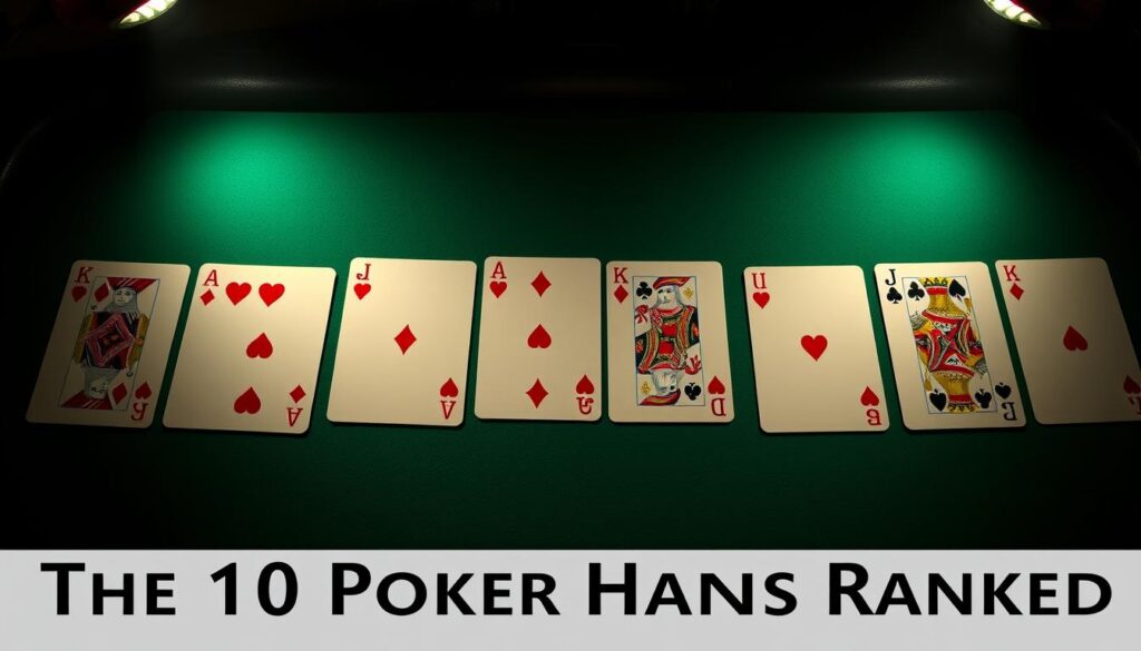 A high-quality, cinematic image depicting the ten classic poker hands, arranged in a neat grid formation. The cards are laid out on a green felt table, with a dramatic spotlight illuminating each hand. The hands are rendered with meticulous detail, showcasing the unique patterns and textures of the playing cards. The scene has a moody, atmospheric lighting, creating a sense of drama and anticipation. The camera angle is slightly elevated, giving the viewer a bird's-eye perspective of the poker hands. The overall composition is balanced and visually striking, effectively illustrating the "The 10 Poker Hands Ranked" section of the article.
