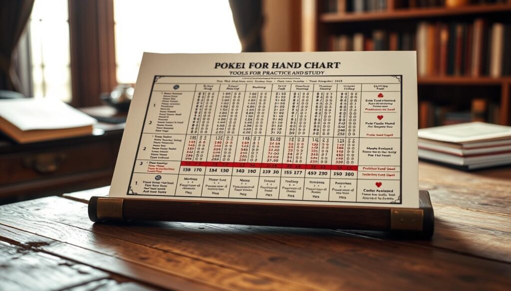 A high-quality, detailed poker hand chart strategy guide, displayed on a worn, wooden table surface in a cozy, well-lit study. The chart features neatly organized poker hand rankings, probabilities, and strategic insights, printed on premium quality paper with a vintage aesthetic. Soft, warm lighting creates a contemplative mood, highlighting the chart's elegant design and inviting the viewer to study and learn. The composition emphasizes the chart's centrality, with a subtle, neutral background that allows the essential information to shine. A sense of focus and concentration pervades the scene, reflecting the thoughtful nature of the "Tools for Practice and Study" section.