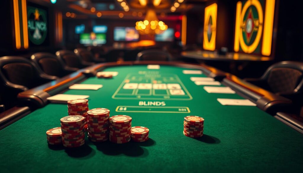 A high-stakes poker table in a dimly lit casino, the green felt surface illuminated by warm, golden lighting. On the table, a deck of cards and poker chips representing the blinds and antes, with a simple diagram illustrating the rules of Texas Hold'em. The players' hands are not visible, allowing the viewer to focus on the game mechanics. The composition is balanced, with the table positioned centrally, and the background blurred to emphasize the main subject. The overall atmosphere conveys the intensity and strategy of the game.