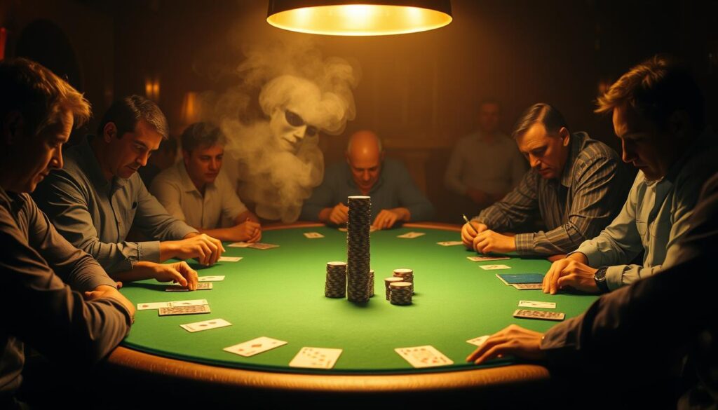 A high-stakes poker table, the felt green like a lush meadow. Players study their cards intently, tension thick in the air. In the center, a stack of chips stands tall, a visual representation of the "stop-loss" strategy. Overhead, a single spotlight casts a warm, dramatic glow, casting shadows that add depth and a sense of foreboding. The table's edges fade into a dimly lit, smoky lounge, creating an atmosphere of exclusivity and risk. The players' expressions are intense, their focus unwavering, as they navigate the delicate balance between risk and reward.