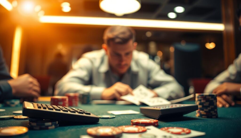 A high-stakes poker table with cards, chips, and a calculator in the foreground, illuminated by a warm overhead light. In the middle ground, a player considering their pot odds, brow furrowed in concentration. The background blurs out, drawing the viewer's focus to the strategic decision-making process. The scene conveys the tension and analytical nature of understanding pot odds, a critical component of successful poker gameplay.