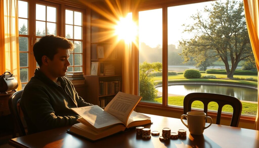 A peaceful study room, bathed in warm, golden light streaming through a large window. In the foreground, a person sits at a table, intently studying a book on poker etiquette, their expression one of deep concentration. On the table, a pack of cards, poker chips, and a cup of coffee hint at the subject matter. The middle ground features a bookshelf filled with volumes on various card games, creating an atmosphere of intellectual inquiry. The background showcases a serene outdoor landscape, with lush greenery and a tranquil pond, suggesting a retreat from the hustle and bustle of the world, focused solely on mastering the art of poker.