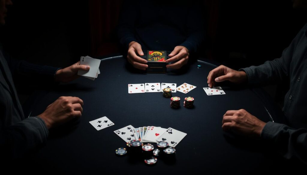 A poker table in a dimly lit, cozy setting. On the table, a deck of cards, poker chips, and various beginner mistakes laid out - a player holding their cards too high, someone reaching across the table, a player peeking at their opponent's cards. The atmosphere is tense yet inviting, with soft lighting creating shadows and highlights that accentuate the tableau of errors. The scene captures the learning process of a poker novice, emphasizing the importance of etiquette and mindful gameplay.