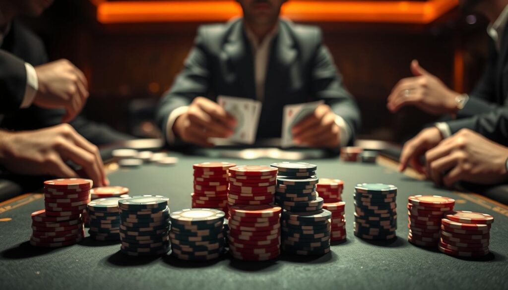 A poker table with a central main pot and two side pots on either side, illuminated by warm overhead lighting casting dramatic shadows. In the foreground, stacks of poker chips in various denominations representing the main and side pot amounts. The middle ground features the dealer's hands dealing cards, with players' hands reaching in to make bets. The background is blurred, focusing attention on the central action of the pots. The scene conveys the high-stakes tension and decision-making of a multi-pot poker scenario.