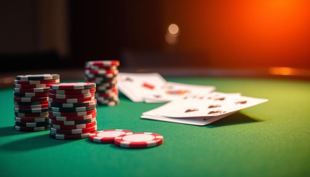 A poker table with a green felt surface, illuminated by a warm, focused light from above. In the foreground, crisp, color-coded poker chips of varying denominations are stacked neatly, representing the blinds and antes. The middle ground features a set of playing cards, fanned out to reveal the suits and values, symbolizing the game in progress. In the background, a subtle vignette effect creates a sense of depth, highlighting the game's intensity and focus. The overall composition conveys the strategic nature of the betting structure, with a sense of anticipation and decision-making.