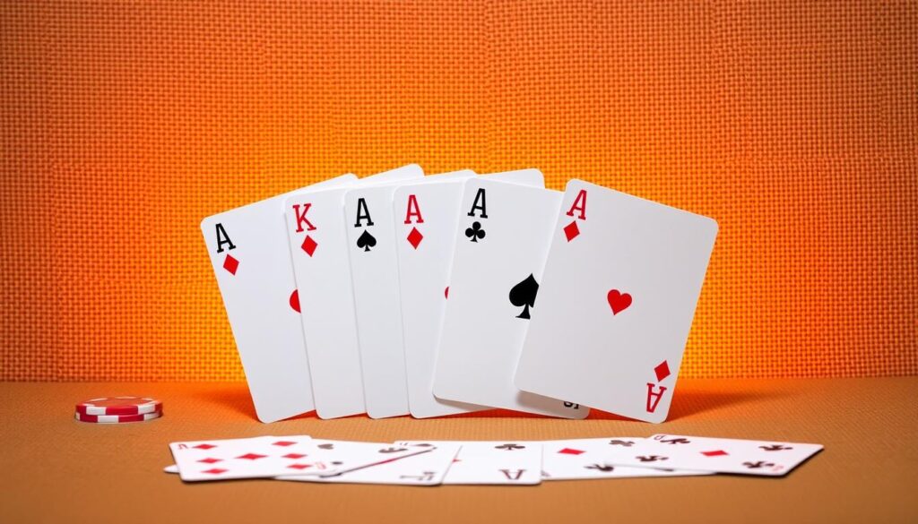 A strategically arranged Omaha poker hand, illuminated by warm, directional lighting from the left. The cards are displayed against a textured, neutral background, showcasing their intricate details and vibrant suits. The composition emphasizes the fundamentals of Omaha - the four hole cards and the community cards on the table, creating a balanced, visually striking arrangement. The scene conveys a sense of focus and concentration, reflecting the strategic nature of building an Omaha hand.