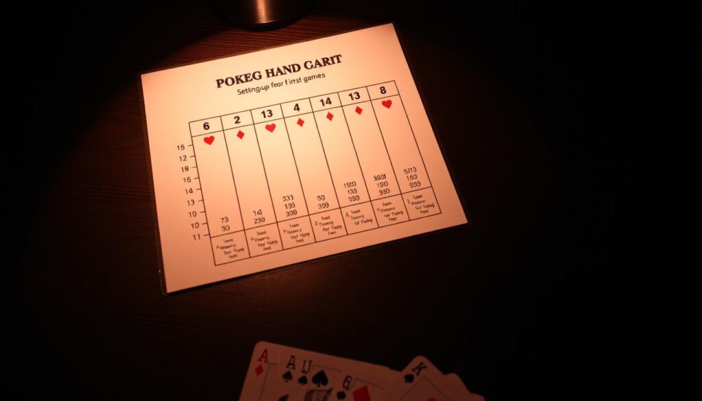 A stylish poker hand chart displayed on a dark wooden table, illuminated by warm, soft lighting that casts subtle shadows. The chart showcases the hand rankings and probabilities in a clean, minimalist design, making it easy to understand for a beginner player. The layout is visually appealing, with a sense of sophistication that evokes the classic ambiance of a poker game. The overall scene exudes an atmosphere of strategy and concentration, perfectly fitting the "Setting Up for Your First Game" section of the article.