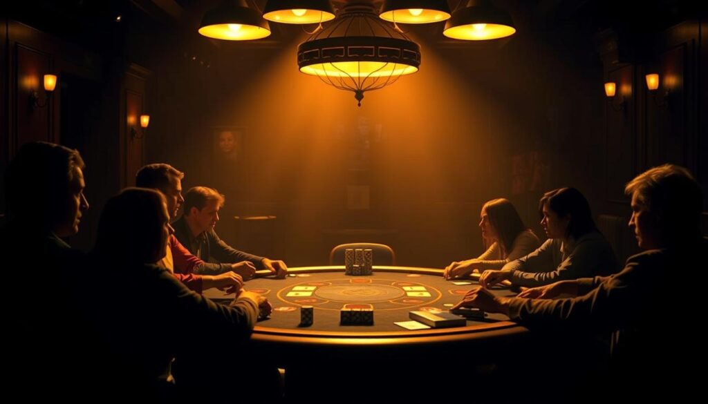 A well-lit, cinematic scene depicting the strategic advantages of poker position. In the foreground, a poker table with players engaged in an intense game, their faces illuminated by warm, directional lighting that casts dramatic shadows. In the middle ground, an overhead view of the table layout, highlighting the key concept of "seat advantage" - the strategic positioning of players around the table. In the background, a dimly lit, atmospheric setting reminiscent of a high-stakes casino, with subtle environmental details that create a sense of tension and anticipation. The overall mood is one of thoughtful strategy, calculated risk, and the thrill of the game.