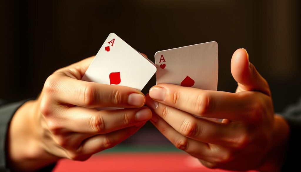 Premium hands starting positions, centered close-up view. A pair of well-manicured hands, palms facing each other, fingers gently spread, showcasing the cards between them. Warm, focused lighting accentuates the details of the skin, nails, and the cards held delicately. The cards are slightly tilted, revealing their faces, but not fully exposing them. The background is blurred, creating a sense of depth and emphasis on the hands. The composition and lighting evoke a sense of anticipation, strategy, and the gravitas of a high-stakes poker game.
