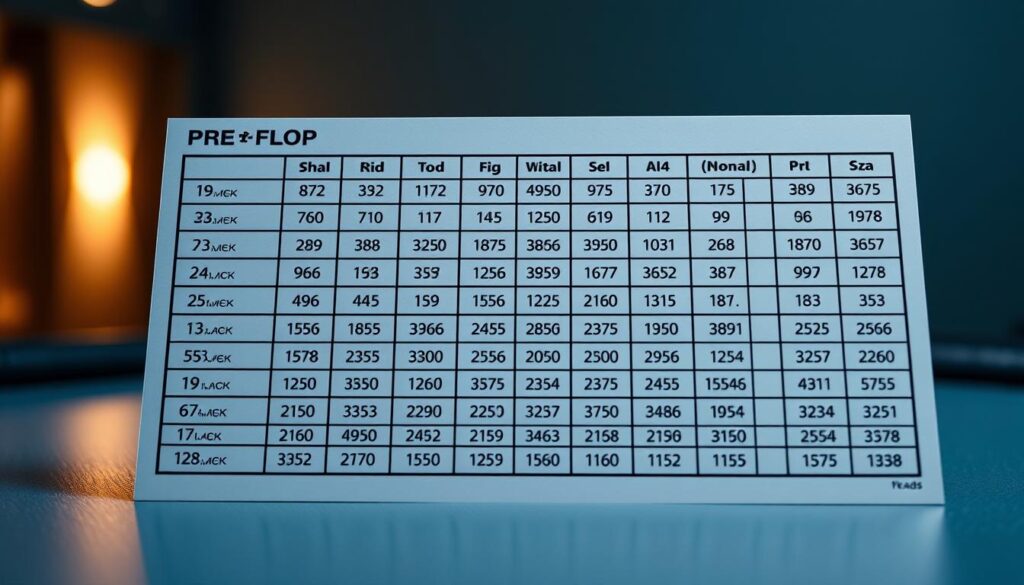 A close-up, high-resolution image of a pre-flop poker hand chart, presented on a sleek, minimalist table surface. The chart displays a grid-like layout with detailed hand rankings and probability percentages, rendered in a clean, data-driven typography. Soft, directional lighting illuminates the chart, creating subtle shadows and highlights that emphasize the chart's structure and clarity. The background is blurred, placing the pre-flop chart as the central focus, inviting the viewer to study and understand its important strategic information. The overall mood is one of analytical precision, guiding the player towards making informed decisions at the poker table.
