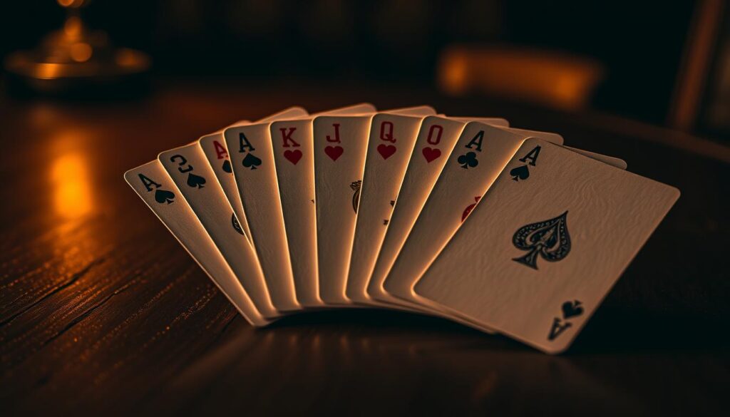 A close-up view of a poker hand hierarchy displayed on a dark wooden table, illuminated by warm, directional lighting. The cards are arranged in a fan shape, showcasing the different hand rankings from the highest (royal flush) to the lowest (high card). The image has a vintage, sophisticated atmosphere, with a shallow depth of field that keeps the hand rankings in sharp focus while softening the background. The cards are rendered with intricate details, highlighting the unique patterns and suits. The overall composition emphasizes the hierarchy and significance of each poker hand.