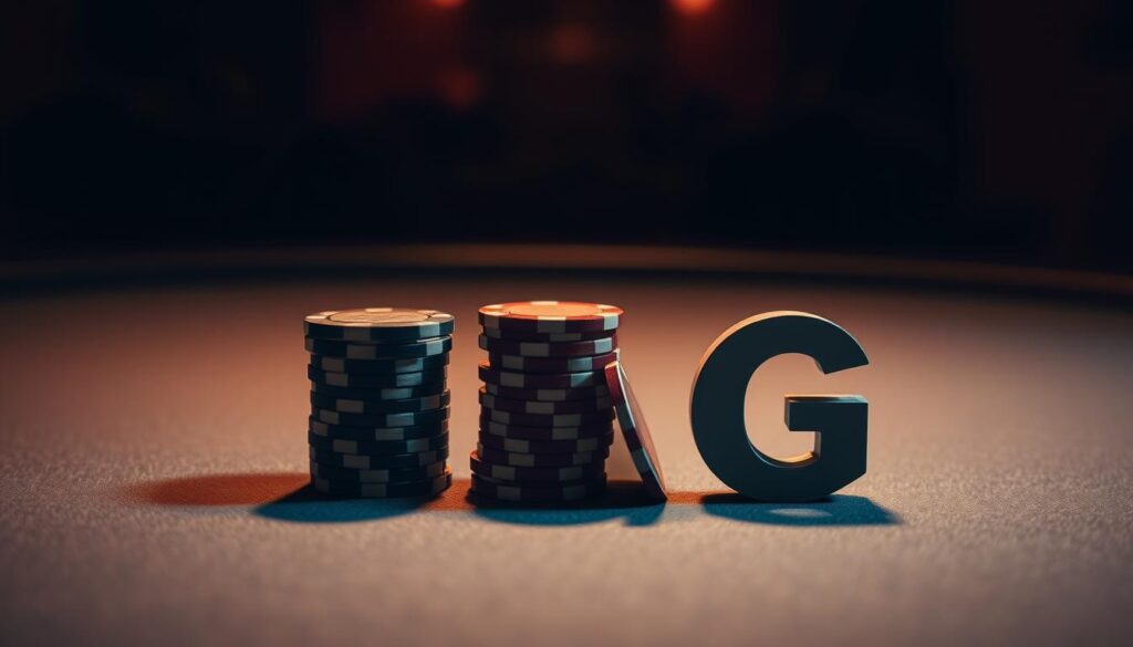 A close-up view of a poker table with a stack of poker chips arranged to form the letters "TAG", symbolizing a "tight-aggressive" poker strategy. The table is illuminated by a warm, directional light, casting subtle shadows and highlights on the felt surface and the chips. The background is slightly blurred, creating a sense of depth and focus on the central elements. The overall composition is clean, minimalist, and visually striking, conveying the essence of a strategic approach to the game of Texas Hold'em.