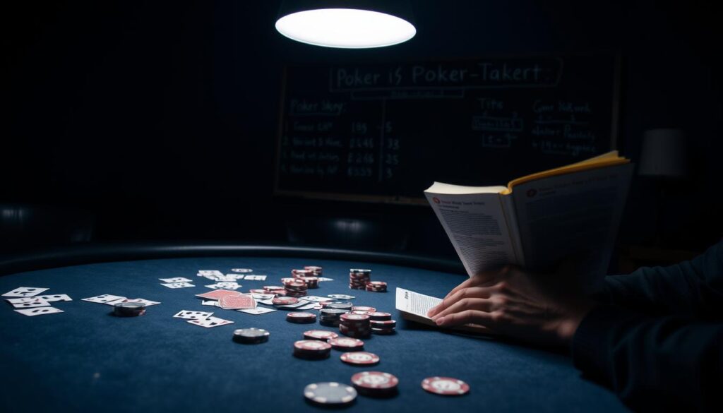 A dimly lit poker table, felt-covered surface illuminated by a single overhead lamp. Cards and poker chips scattered across the table, a player's hands holding a strategy guide. In the background, a chalkboard displays hand rankings and probability calculations. The room has a focused, studious atmosphere, hinting at the concentration and dedication required to master poker strategy through deliberate practice and repetition.