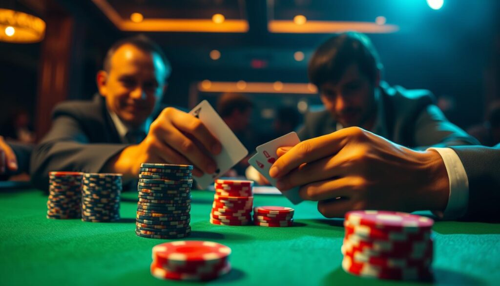 A dimly lit poker table, the green felt illuminated by warm overhead lighting. In the foreground, two stacks of poker chips - one tightly stacked, the other loosely arranged. Between them, a pair of hands - one gripping the cards tightly, the other holding them more casually. The background is blurred, but the intensity of the players' faces is clear, their expressions mirroring the contrast between the tight and loose strategies. The scene conveys the tension and decision-making of pre-flop Texas Hold'em gameplay.