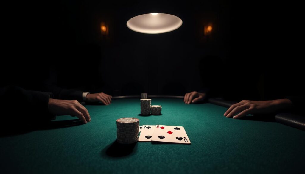 A dimly lit poker table, the green felt shimmering under a single overhead lamp. In the center, two stacks of poker chips and a pair of playing cards - a pocket pair, the starting hand selection example. Around the table, shadowy figures lean in, their faces obscured, creating an air of tension and anticipation. The scene is captured through a wide-angle lens, giving a sense of depth and emphasizing the solitary nature of the decision facing the player. The lighting casts dramatic shadows, adding to the somber, serious mood, as the player must weigh their options and decide whether to fold or play this crucial hand.