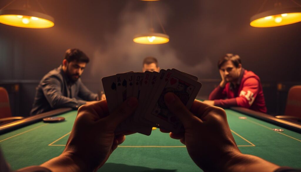 A dimly lit poker table, the green felt surface illuminated by warm overhead lamps. In the foreground, a player's hands confidently hold a strong poker hand, the cards partially obscured, creating an air of mystery. In the middle ground, the players' faces are focused, their expressions revealing a mix of determination and strategic contemplation. The background is hazy, conveying a sense of the competition and high stakes of the game. The lighting casts dramatic shadows, adding depth and tension to the scene. An aura of discipline and precision permeates the tableau, suggesting that consistent, thoughtful play is the key to victory.