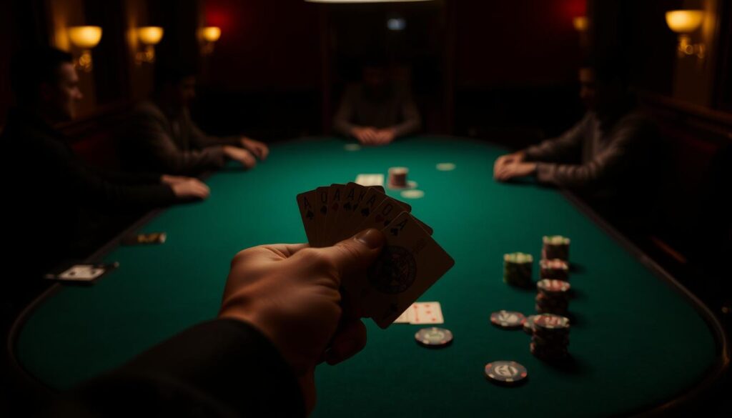 A dimly lit poker table, the green felt surface illuminated by warm overhead lighting. On the table, poker chips in various denominations are neatly arranged, hinting at the strategic positioning of players. In the foreground, a player's hand holds a pair of cards, their face obscured, focused intently on the game. In the background, the silhouettes of other players can be seen, each occupying a specific position around the table, reflecting the importance of positional advantage in the game of poker.