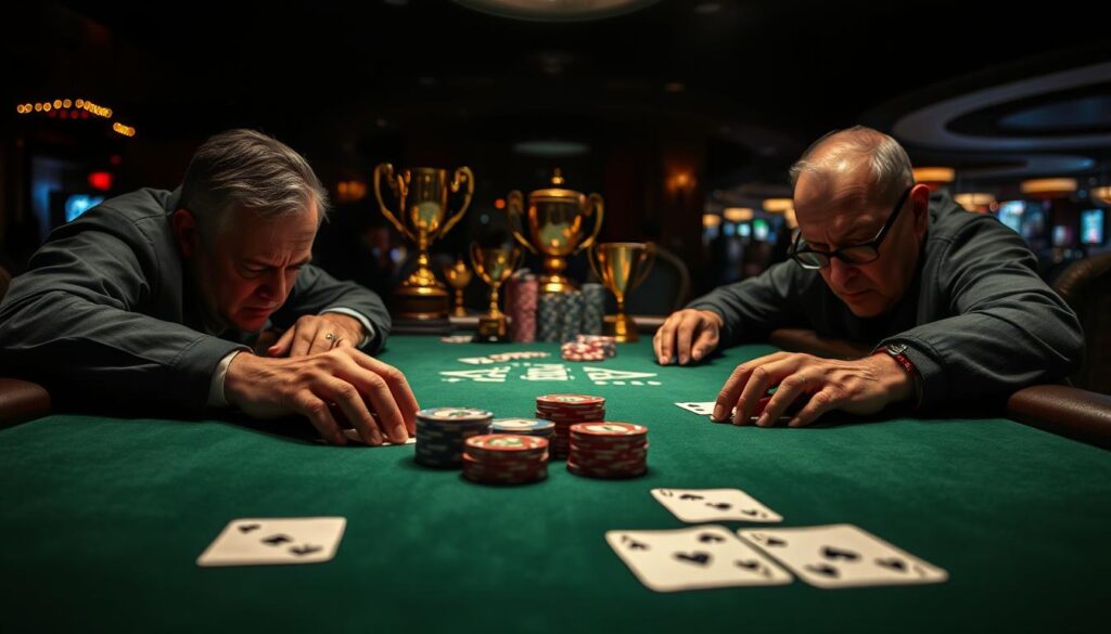 A dimly lit poker table, the shadows cast by the green felt surface creating a moody atmosphere. In the foreground, the weathered hands of legendary players - Phil Ivey, Doyle Brunson, and Daniel Negreanu - are placed upon the cards, their faces half-obscured, radiating a quiet confidence honed through decades of experience. The middle ground features a collection of trophies, chips, and other poker memorabilia, a testament to the triumphs and sacrifices made to reach the pinnacle of the game. In the background, a hazy silhouette of a bustling casino, the sound of shuffling cards and the murmur of players adding to the immersive ambiance. The overall scene evokes a sense of reverence for the poker greats, whose stories and strategies can inspire and guide players on their own paths to building poker confidence.