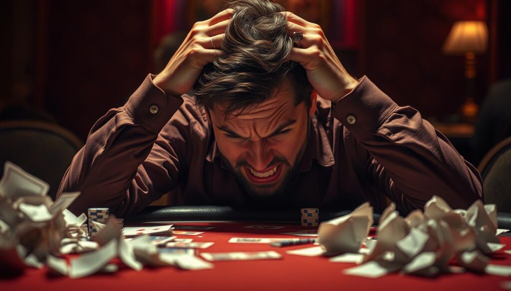 A distressed poker player gripping their head in frustration, sitting at a dimly lit table surrounded by discarded cards and crumpled betting slips. The scene is bathed in a moody, amber-hued lighting, creating a tense, high-stakes atmosphere. The player's expression conveys a sense of tilt, with furrowed brows and clenched teeth, highlighting the mental strain and emotional turmoil of a disastrous hand. The background is blurred, drawing the viewer's focus to the central figure and the weight of their inner conflict. Dramatic shadows and highlights accentuate the sense of drama and the player's struggle to regain composure.
