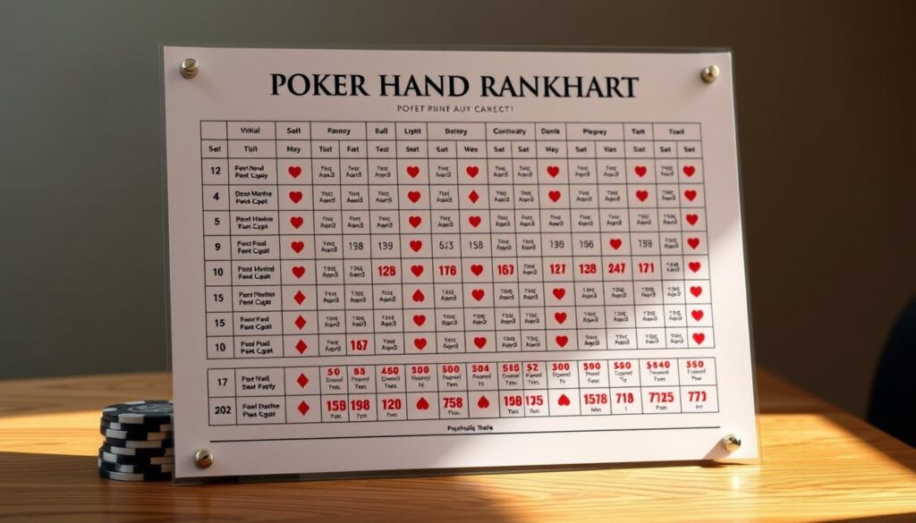 A high-quality printable poker hand ranking chart, displayed on a wooden table with a soft, natural lighting. The chart should have a clean, minimalist design with clear visual hierarchy, highlighting the different poker hand rankings in an organized and easy-to-reference format. The chart should have a sophisticated, premium feel, complementing the article's subject matter. Subtle textures and a muted color palette, such as earthy tones or shades of gray, should be used to create a sense of refinement and professionalism. The overall composition should be well-balanced, drawing the viewer's attention to the chart itself without any distracting elements.