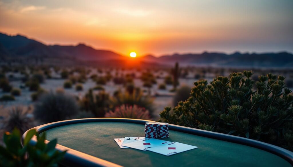 A serene desert landscape at dusk, with a poker table bathed in warm, golden light, set against a backdrop of rolling hills and a glowing sunset sky. In the foreground, a stack of poker chips and a pair of aces, symbolizing the strategies of Texas Hold'em. The table is surrounded by lush, verdant plants, suggesting a tranquil oasis amidst the harsh environment. The overall scene conveys a sense of balance, reflection, and a respite from the intensity of gameplay, encouraging the viewer to approach the game with a relaxed and mindful attitude, avoiding burnout.