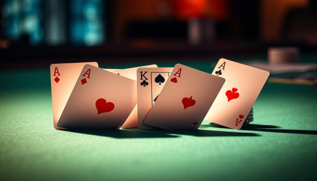 A serene poker table illuminated by soft, warm lighting, showcasing a collection of high-value poker hands - a pair of aces, king-queen suited, and pocket jacks. The cards are meticulously arranged, their edges crisp and clean, casting subtle shadows on the felt surface. The background is slightly blurred, allowing the viewer to focus on the iconic starting hands that are the foundation of a tight, controlled poker strategy for beginners. The overall mood is one of contemplation and strategic decision-making, inviting the viewer to consider the optimal times to play these premium hands in the pursuit of poker mastery.