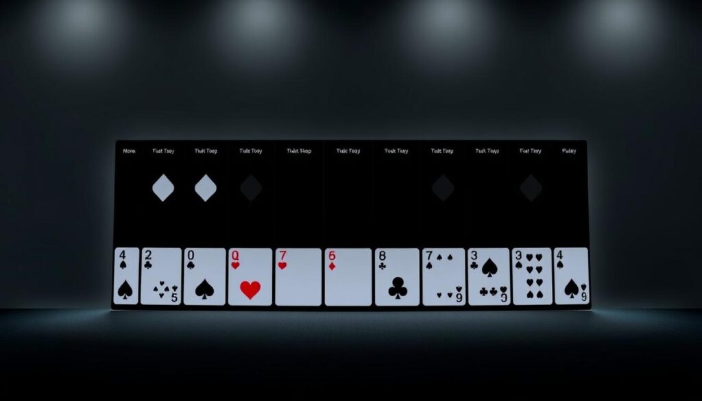 A sleek, modern poker hand chart depicted on a minimalist black background, with the playing card suits and rankings elegantly showcased in a clean, typographic layout. The chart is illuminated by soft, directional lighting, creating depth and highlighting the essential details. The overall aesthetic is sophisticated and visually captivating, perfectly suited to illustrate the "Beginner-Proof Tactics" section of the article on essential poker strategy for newcomers.