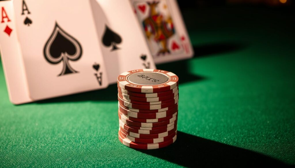 A stack of poker chips in varying denominations sits prominently on a green felt table, casting subtle shadows. In the background, a pair of playing cards, the ace of spades and the king of hearts, are partially visible, hinting at the game of Texas Hold'em. The lighting is soft and warm, creating a sense of contemplation and strategy. The overall composition suggests the careful management of a poker bankroll, with the chips representing the player's financial resources to be strategically deployed throughout the game.