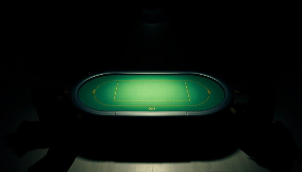 A stylized poker table on a dimly lit stage, with a spotlight shining down on the center. The table has a sleek, modern design with a felt surface in a rich, deep green hue. Surrounding the table are shadowy silhouettes of players, their faces obscured, creating an air of mystery and anticipation. The lighting is dramatic, casting sharp contrasts and dramatic shadows, emphasizing the intensity of the game. The camera angle is slightly elevated, giving a bird's-eye view of the table, conveying a sense of strategic overview. The overall mood is one of focus, concentration, and the thrill of the game.