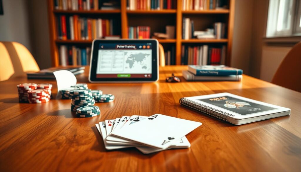 A wooden table surface, illuminated by warm natural lighting, showcases an assortment of poker-related tools and resources. In the foreground, a deck of playing cards, poker chips, and a small notebook lie neatly arranged, hinting at the strategic planning and practice necessary for a beginner poker player. In the middle ground, a tablet or laptop displays a poker training app, its screen reflecting the player's intent focus. The background features a bookshelf stocked with poker strategy guides, creating an atmosphere of a dedicated learning environment. The overall scene conveys a sense of focus, discipline, and the resources required to develop a solid poker strategy as a beginner.