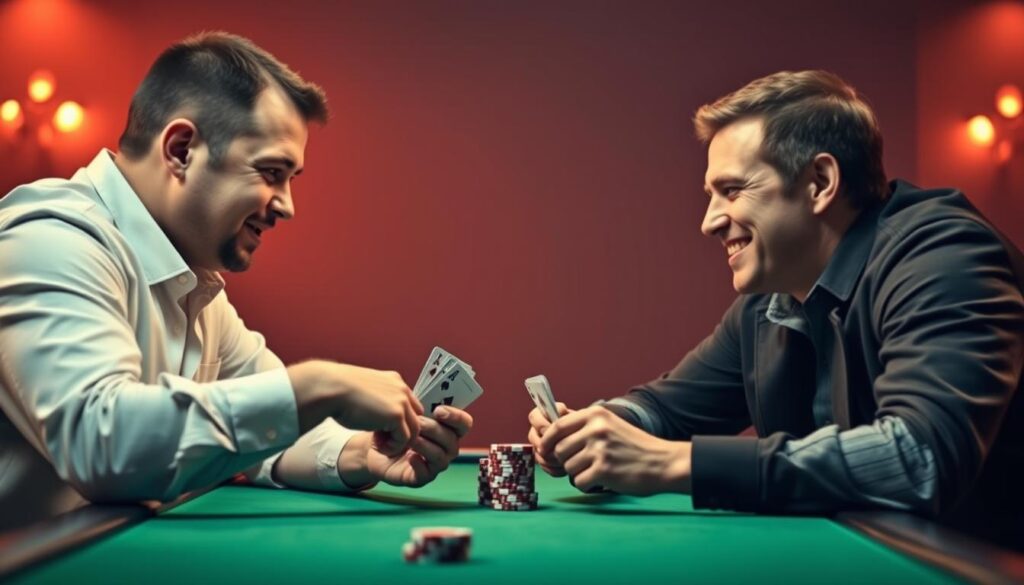 Two poker players facing off, one with a tight, disciplined stance, the other with a more loose, aggressive posture. The tight player's expression is focused, their hands gripping their cards tightly, while the loose player leans back, a slight grin on their face. A green felt table fills the middle ground, the players illuminated by warm, directional lighting that casts dramatic shadows. The background is blurred, drawing the viewer's attention to the contrasting styles of play and the sense of a high-stakes confrontation. The scene conveys the confidence and assertiveness needed to excel at the poker table.