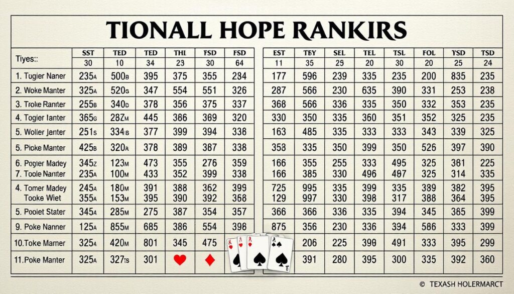 a detailed, realistic, and technical chart displaying the traditional poker hand rankings, arranged in a clear and visually appealing layout. The chart should be depicted as a high-quality, professionally designed document, with a clean and minimalist aesthetic. The hand rankings should be presented in a logical order, with clear delineations between each category. The overall composition should convey a sense of authority and expertise, suitable for use in an educational article on Texas Hold'em strategy.
