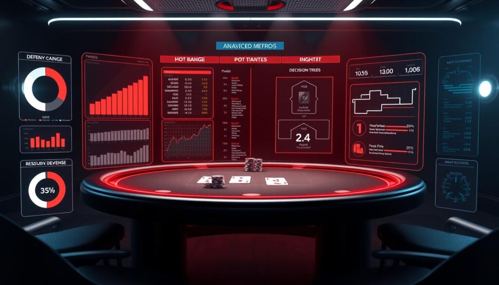 A data-driven HUD (Heads-Up Display) analysis of advanced poker defense tactics, showcased on a sleek, high-tech interface. In the foreground, a series of dynamic metrics and charts illuminate key strategic insights, including hand ranges, pot odds, and decision trees. The middle ground features a stylized poker table, with cards and chips rendered in a minimalist, almost holographic style. In the background, a dimly lit, futuristic environment evokes the intensity and focus of a professional poker session, with subtle lighting and moody shadows creating a sense of depth and atmosphere. The overall composition conveys a data-driven, hyper-analytical approach to poker strategy, tailored for the "Building a Data-Driven Defense" section of the article.