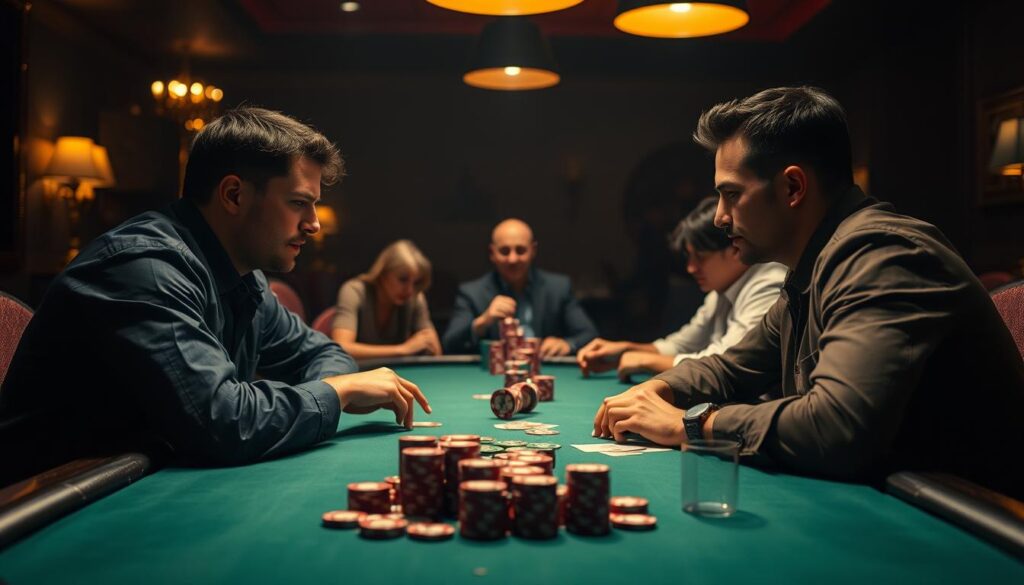 A dimly lit poker table, its green felt surface reflecting the warm glow of subtle overhead lighting. In the foreground, two players face off, their expressions intense as they study each other's tells, strategizing their next moves. The middle ground reveals the dynamics of the game, with chips and cards arranged in a carefully orchestrated tableau. In the background, the remaining players observe, their body language and facial cues hinting at their own shifting strategies. The scene exudes an air of tension and anticipation, capturing the essence of adapting to the changing tides of a high-stakes poker match.