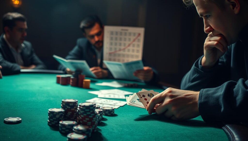 A dimly lit poker table, the green felt contrasting with the players' intense expressions. In the foreground, a stack of poker chips and a pair of hands studying a hand of cards, deep in thought. The middle ground reveals a player studying a chart, analyzing the mathematical probabilities of each move. In the background, the other players observe, their body language suggesting a sense of strategy and calculation. Soft, directional lighting casts dramatic shadows, creating a palpable atmosphere of focused contemplation. The scene conveys the intersection of recreational gameplay and the rigorous application of mathematical principles to gain a strategic edge.