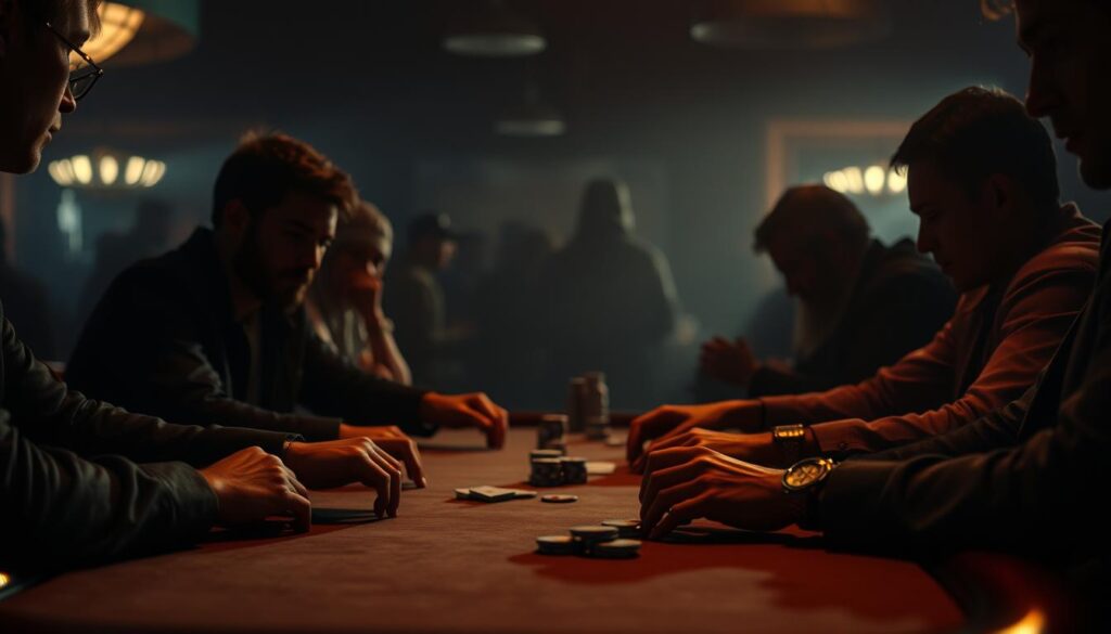 A dimly lit poker table, the players' faces cast in shadows, their body language and subtle gestures the focus. A close-up view, capturing the intensity of the moment, the players' eyes locked on their cards, their hands poised over the chips. The lighting is warm and dramatic, creating a moody, cinematic atmosphere. The table's surface is worn, the felt slightly faded, adding to the sense of a high-stakes game. In the background, a hazy, out-of-focus crowd, the murmur of conversation and the occasional clink of chips creating a palpable tension. The image conveys the essence of live poker, where the players' tells and table image are critical to success.